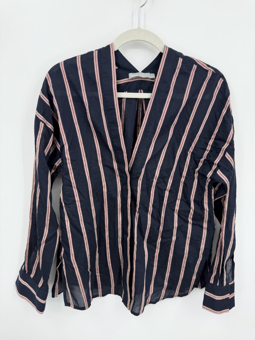 Vince Textured Striped Blouse‎ in Coastal Navy loose voile fabric sz M